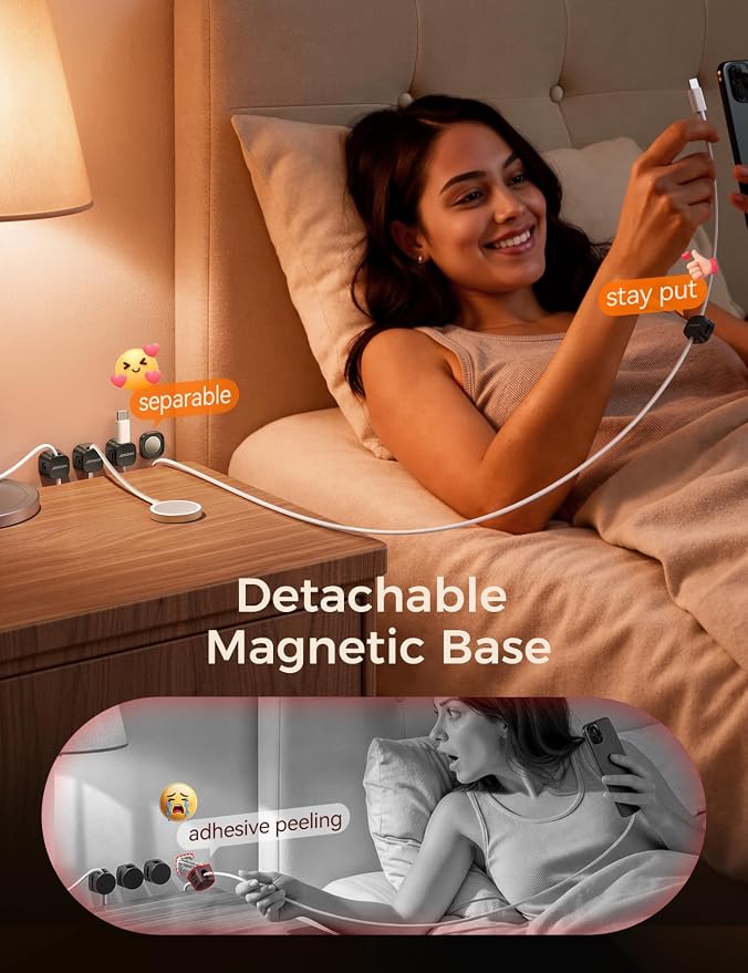 JOYROOM Detachable Magnetic Cord Organizer w/Secure Snap-Lock, 2-in-1 Adhesive& Magnetic Cable Clips, Auto-Fit Spring Management for φ1.5~8mm Cables, Under Desk Nightstand Home Office Car Wire Keeper