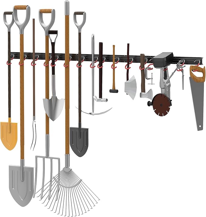 WALMANN All Metal 64 Inch Wall Mount Garden Tool Organizer for Garage, Mop and Broom Holder, Yard Tool Storage Rack for Rake, Shovel, Spade, Mop, Broom(4 Rails, 16 Hooks)