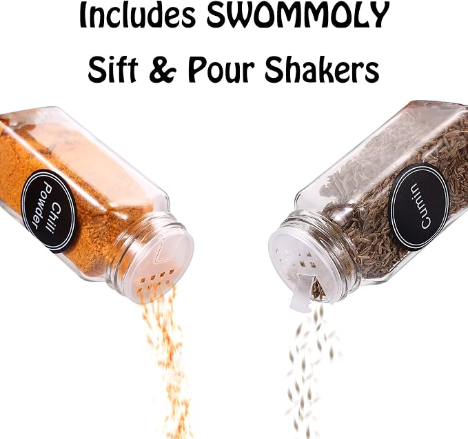 SWOMMOLY 36 Pcs Glass Spice Jars with Lids, 4oz Spice Bottles with Labels | Empty Spice Containers with Shaker Lids, Chalk Marker, Funnel - Seasoning Containers for Spice Racks, Cabinets, Drawers