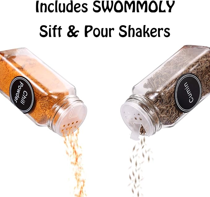 SWOMMOLY Spice Rack Organizer with 32 Glass Spice Jars and 396 Spice Labels | Chalk Marker, Funnel, 32 Pcs 4oz Spice Bottles, 4 Tier Spice Organizer for Cabinet, Countertop, Cupboard or Wall Mount, Black