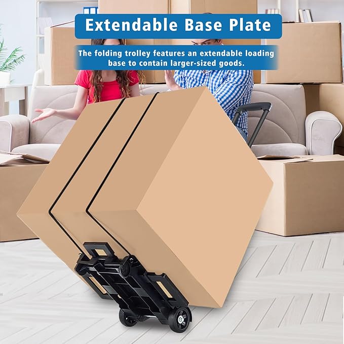 70 lbs Small Folding Hand Truck Dolly with 2 Wheels,Foldable Luggage Cart Expandable Large Chassis Foldable into Backpack for Airport,Travel,Moving and Office Use (Black-Steel)