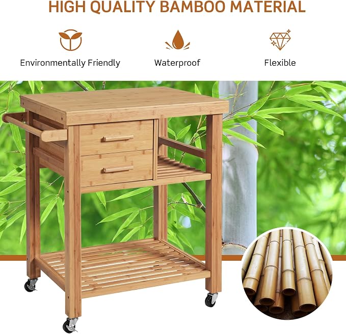 Kitchen Island, Rolling Butcher Block Kitchen Cart on Wheels, Bamboo Kitchen Trolley with Drawers, Shelves, Towel Rack, Small Kitchen Island Cart for Dining Room