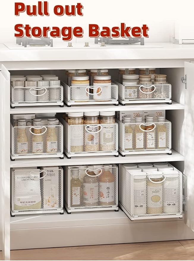 Pull out Cabinet Organizer Fixed with Adhesive Nano Film Heavy Duty Slide out Pantry Shelves Drawer Storage under sink organizer Sliding Mesh Cabinet Basket with Handle for Kitchen (Extended Small)