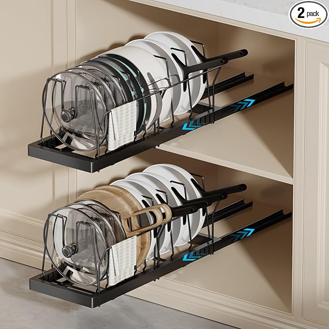 Magheo 2 Pack Pots and Pans Organizer Under Cabinet, 22" Deep Expandable Pull Out Pot Lid Organizer and Storage with 10 Adjustable Dividers No Drill Pot and Pan Holder Rack with Handle Bracket(Black)