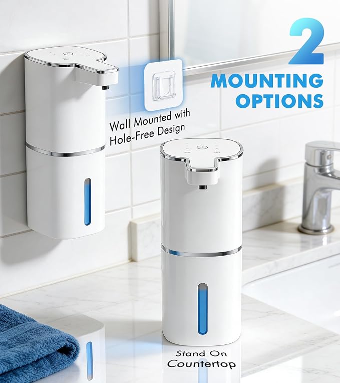 RYTOXILO Automatic Foaming Soap Dispenser Touchless, 2 Pack White Auto Foam Soap Dispensers for Bathroom and Kitchen, 15 Fl Oz Plastic Electric Dish Foamy Dispensers Wall Mount with 1200 mAh Battery
