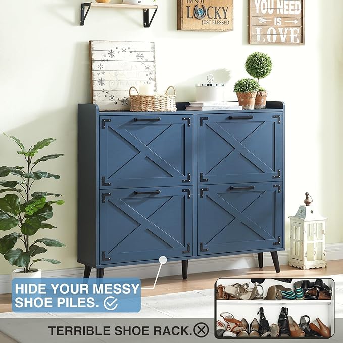 Barnyatoh Shoe Storage Cabinet,Farmhouse Shoe Organizer with 4 Flip Drawers & Barn Door Design,Freestanding Hidden Slim Narrow Shoe Rack Cabinet for Entryway,Foyer,Hallway,Navy Blue
