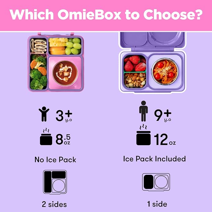 OmieBox Bento Box for Kids - Insulated Bento Lunch Box with Leak Proof Vacuum Insulated Food Jar - 3 Compartments, Two Temperature Zones (Unicorn Pink)