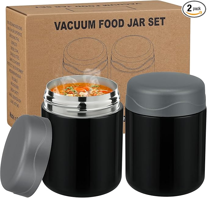 wiwens 12oz 2 Pack Insulated Food Jar Set for Kids Soup Thermo Hot Food Lunch Container Wide Mouth Leak Proof Stainless Steel Vacuum Bento Box for School Office Travel Outdoors