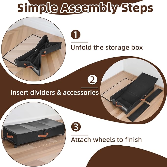 VECELO Under Bed Storage with Wheels, 2 Pack Fully Enclosed Zippered Dust Cover Bins with Clear Lids, Metal Frame and Ultra Thick Fabric Underbed Storage Organizer, Shoe Storage Box, Black