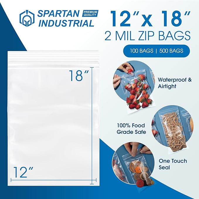 Spartan Industrial - 12” X 18” (100 Count) 2 Mil Clear Reclosable Zip Plastic Poly Bags with Resealable Lock Seal Zipper