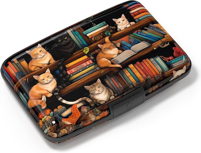 Card Holder Credit Cards Holder for Women RFID wallet women Business Card Holder Wallet Mini Aluminum Card Wallet RFID Blocking Slim Metal Hard Card for Women, Cat Illustration