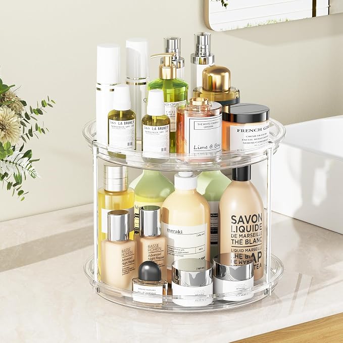 360° Rotating Makeup Organizer 2 Pack 2 Tier 9" Clear Lazy Susan Turntable Skincare Perfume Organizer Bathroom Countertop Vanity Tray Space-Saving Cosmetic Storage for Dresser