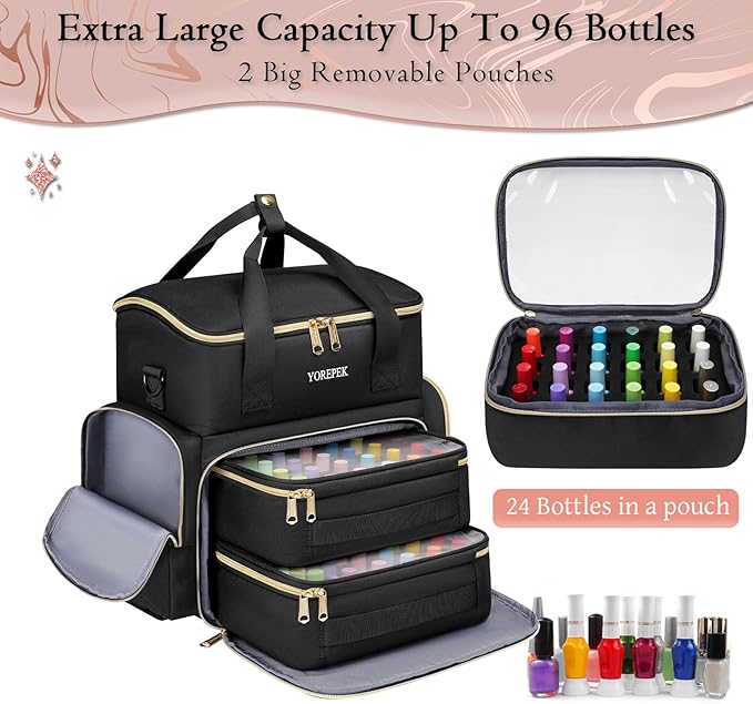 YOREPEK Nail Polish Organizer Bag Holds 48 Bottles (15ml/0.5 fl.oz) UV lamp | Nail Organizers and Storage with 2 Removable Pouches Fits Nail Supplies, Nail Tech Bag Gifts for Manicurist