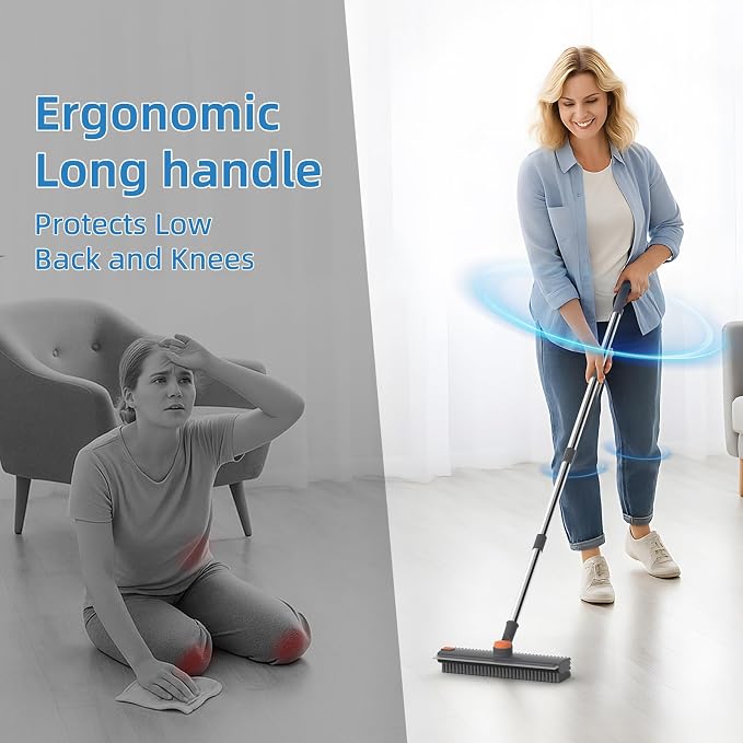 Scrub Brush with Long Handle, Floor Scrub Brush Squeegee Broom for Cleaning, 3 in 1 Shower Scrubber Floor Broom Squeegee for Concrete Tile Wall Deck Patio Grey