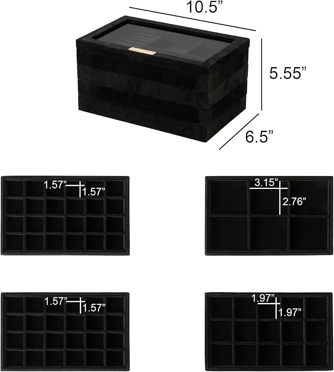 Frebeauty Stackable Jewelry Trays,Set of 4 Jewelry Organizer for Drawer | Glass Lid,Removable Dividers,Stackable Design,Velvet Material,Drawer Inserts,Earring Organizer,Jewelry Box for Rings Bracelet