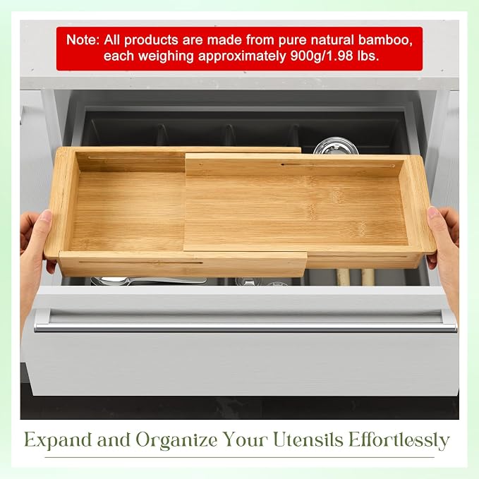 LemonRoad 2 Pcs Sliding Drawer Organizer 12.4-17.7 Inch Bin Bamboo Drawer Expandable Bins Utensil Organizer for Kitchen Spoons Forks Knives (Wood)