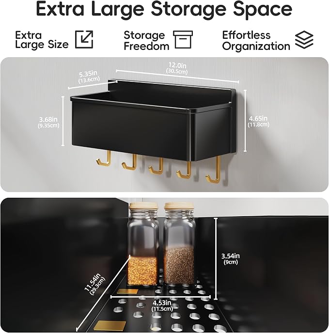 Magnetic Spice Rack for Refrigerator Large Magnet Shelf for Fridge Kitchen Organizer and Storage with 5 Removable Golden Hooks