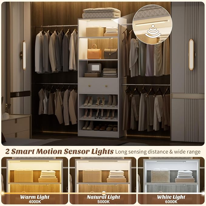 Armocity Wood Closet Organizer System with Sensing Light - 4FT-9FT Expandable Wardrobe Closet with Drawer & 4 Hanging Rods, Heavy Duty Walk-in Closet 1000Lbs for Bedroom Walk-in Closet, White
