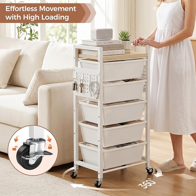 6 Tier Rolling Cart with Drawers, Plastic Drawer Storage Craft Cart with Pegboards & Hooks, Metal Utility Cart with Wheels & Wooden Tabletop, Classroom Office Art Supply Organizers and Storage, White