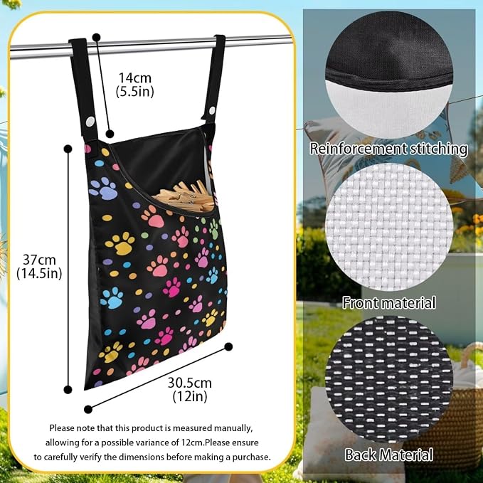 Dog Paw Print Laundry Clothespin Bags Hanging Storage Organizer 12 x 14.5 Inch Clothes Pin Bag Waterproof Clothespin Bag Clothespin Holder Large Opening and Hanging Rope