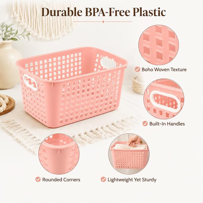 6 Pack Plastic Classroom Storage Baskets, Organizer Bins with Handle | Bohemian 11" × 7.1" × 4.6" Medium Papers Book Storage Organizer for School Classroom Library Office Home Desktop Bookshelf