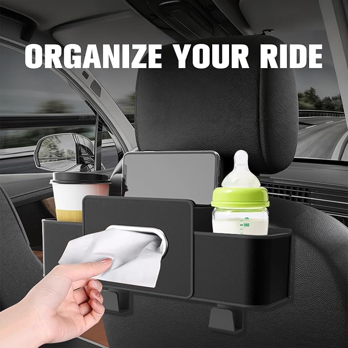 4 in 1 Multifunctional Back Seat Car Organizer, Hanging Storage Box with Cup Holder and Tissue Box for Phone, Drinks, Handbag - Universal for SUV, Truck, Van