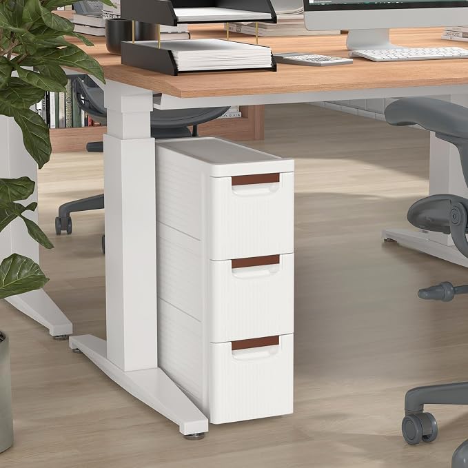 LOKO 3-Drawer Narrow Storage Cabinet, Slim Rolling Cart (7.5"x16.5"x22.5") | Mobile Plastic Cart Container | Pull Handles & Built-in Wheels | For Living Room, Kitchen, Bathroom, Office