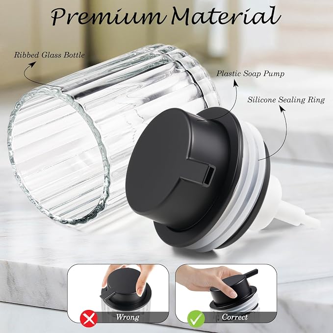 Amolliar Foaming Soap Dispenser, Plastic Pump & Glass Soap Bottle, Refillable 8OZ Hand Soap Dispenser, Dish Soap Dispenser for Kitchen, Bathroom Accessories Set, Home Decor Dispenser (Black 2 Pack)