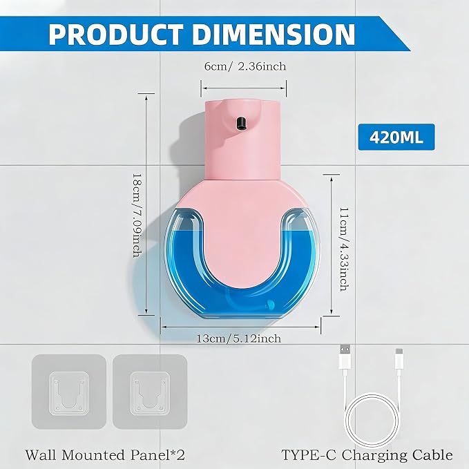 2Pack Automatic Soap Dispenser Touchless, Rechargeable Foaming Soap Dispenser,15oz/420ml Smart Hand Soap Dispensers,4-Level Adjustable,Wall Mount for Bathroom Kitchen Dish Soap(Pink, Foam)