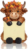 Thenshop Fall Maple Leaves Highland Cow Pop up Sticky Note Holder with Berry Pine Cone Autumn Resin Cow Dispenser with 100 Sheets 3 x 3 Inch Sticky Notes Desk Accessory for Fall Harvest Office Home