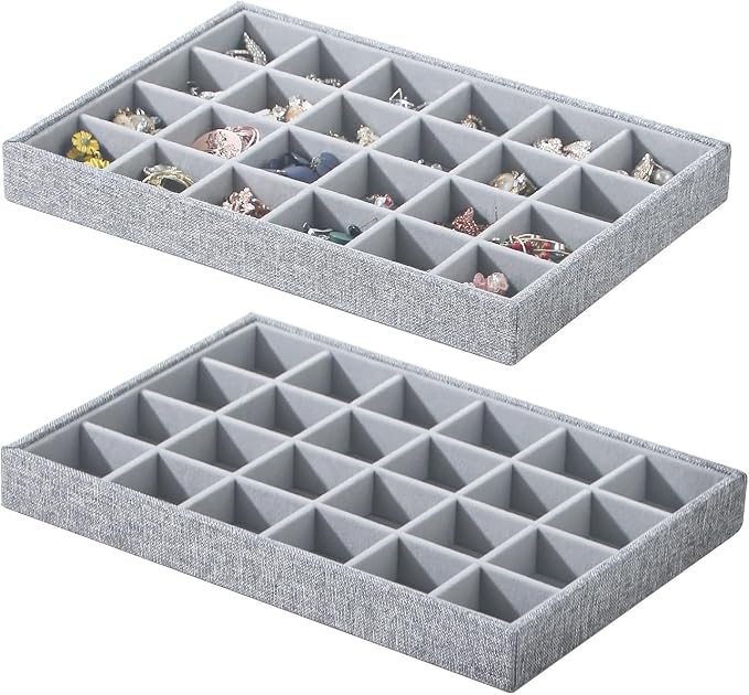 Stackable Jewelry Organizer Tray For Drawers,White Leather Small Earring Storage Tray,Bracelet And Necklace Display Box,Jewelry Ring Display Case (Gray 24 Grids)