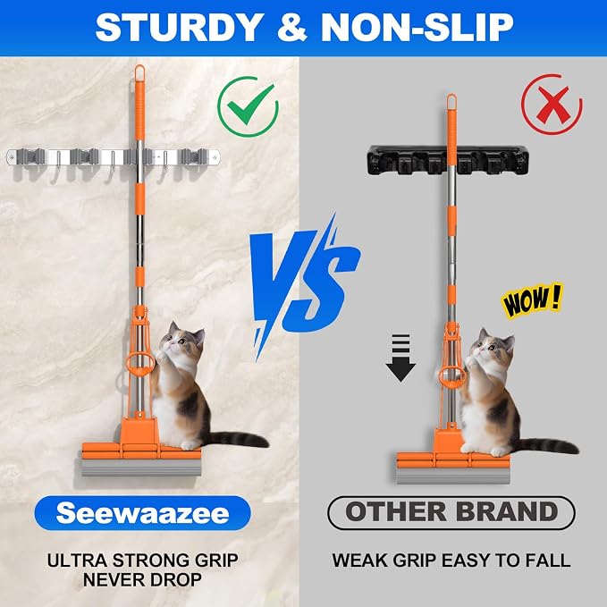 Broom Holder Wall Mount Mop Organizer, 4 Racks 3 Hooks, 2 Pack | Premium Stainless Steel Broom Hanger for Durable Rustproof Tool Rack Storage in Home, Kitchen, Garden, Laundry, Garage