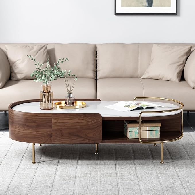Lartis Oval Coffee Table in Walnut, Sintered Stone Living Room Table with Semi-Circular Storage,Multi Functional Marvel for Modern Living Room (White, 51 in)