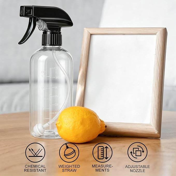 Spray Bottles 16oz 2 pack — 360° Any-Angle Spraying, Mist & Stream Plastic Empty Water Sprayer, with Measurements & Weighted Straw, Leak-Resistant for Cleaning Solutions, Planting, Hair + Funnel