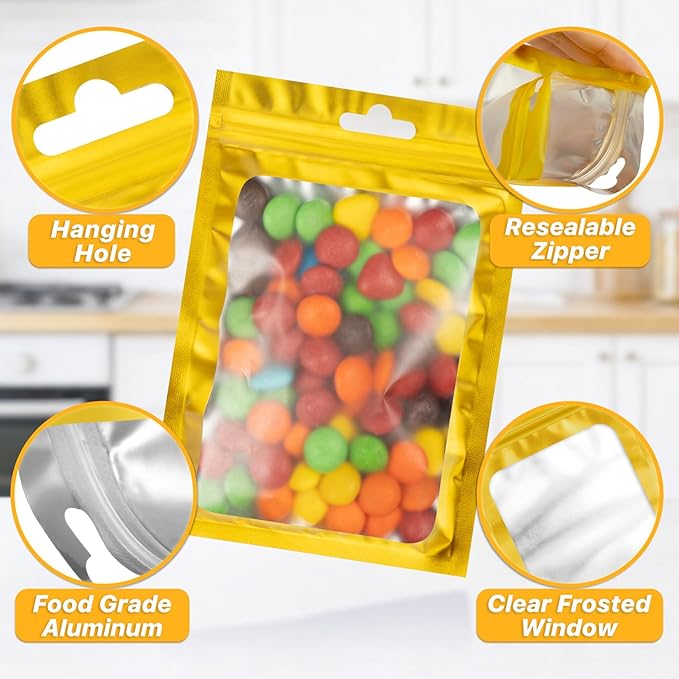 100 PCS Resealable Mylar Bags with Frosted Clear Window Smell Proof Packaging Bags Foil Pouch Zip Bag for Food Self Sealing Storage Supplies Treat Bag (Golden, 4.72x7.1)