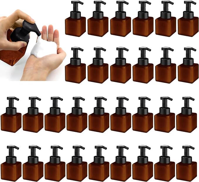 30 PCS 8.5 oz Foaming Soap Dispenser Plastic Foaming Pump Bottle, Refillable Dispenser with Plastic Pump, Empty Hand Bottles for Liquid Soap, Shampoo, Bathroom,Hotel,Restaurant (30, Brown)