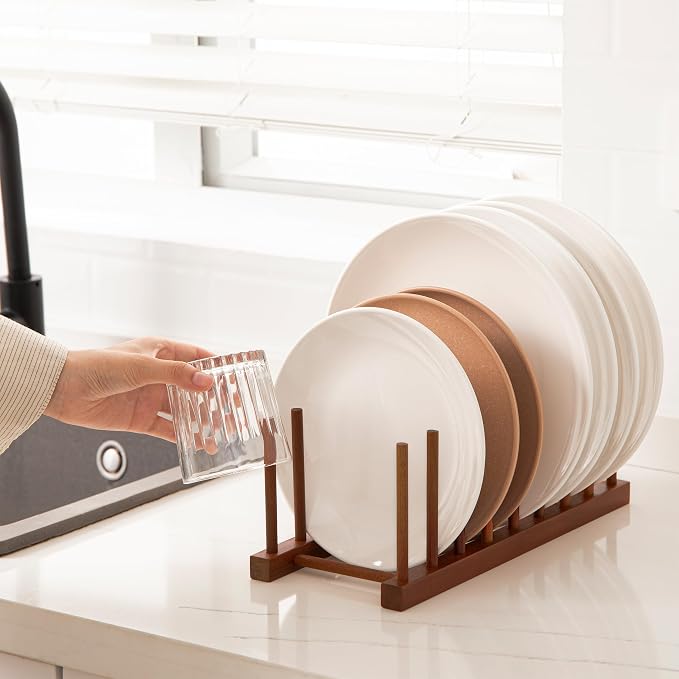 HBlife 4 Packs Teak Wooden Dish Drying Rack Kitchen Storage Plate Organizer | 8 Slots, Vertical Dish Racks for Cabinet Countertop & Wall, Plate Pot Lid Cutting Board Holder, Bowl Cup Drainer, Keep Dry