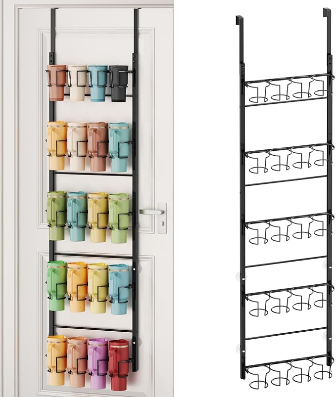 SWTYMIKI 5-Tier Water Bottle Organizer – Over the Door Stanley Cup Holder, Cup Organizer for Door or Wall Mount Option, Stanley Accessories for Pantry, Dorm, Office, RV Use, Black