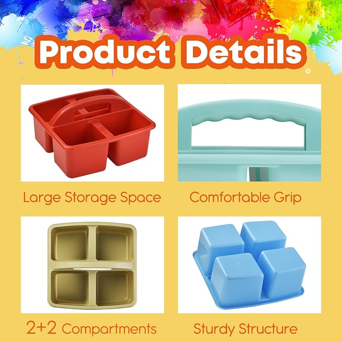 ALINK Plastic Classroom Caddy Organizer with Handle, 6-Pack 4 Compartments | Teacher Supply Storage Caddy for Classroom, Table, Desk, Office, Art Crafts - Macaroon