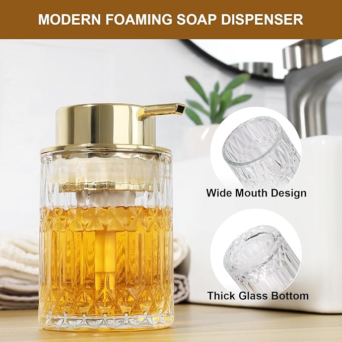 RYTOXILO Foaming Soap Dispenser, Gold Glass Foam Hand Soap Dispenser for Bathroom, Refillable 7.8 Fl Oz Foamy Pump Bottle with Plastic Golden Pump, Modern Dish Soap Foam Dispenser Container