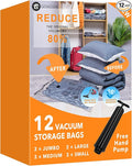 Vacuum Storage Bags, Space Saver Bags for Clothing,Blankets,Comforters, Pillows, Clothes,Travel,12 Combo