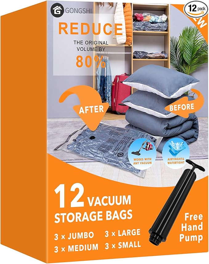 Vacuum Storage Bags, Space Saver Bags for Clothing,Blankets,Comforters, Pillows, Clothes,Travel,12 Combo