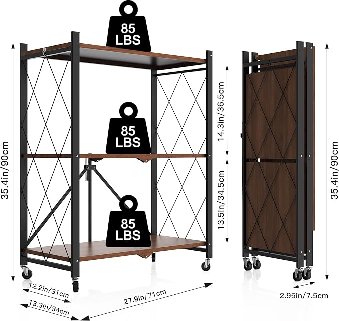 3 Tier Folding Storage Shelves with Wheels, Foldable Bookshelf No Assembly Collapsible Shelf Heavy Duty Rolling Shelving Unit for Kitchen Bedroom Living Room (Black, 27.9"x 13.3"x 35.4")