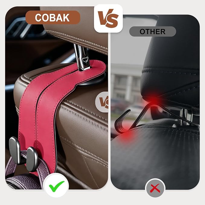 CoBak Purse Hook for Car - Universal Premium Stitched Leather and Aluminum-Magnesium Alloy Double Car Seat Back Storage Hook for Purses, Handbags, Bags (2 Pack),Raspberry