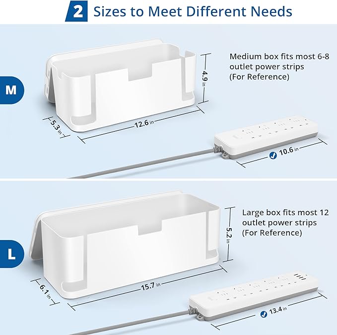 ZhiYo 2 Pack Cable Management Box, Medium & XL, Power Strip Organizer White | Hidden Rear Cable Routing, Durable ABS Construction, Fits Power Strips Up to 13.4", Ideal for Desks, TV Areas & Floor Corners