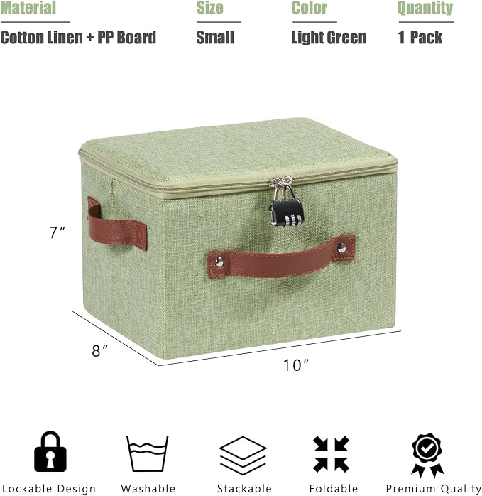 Storage Bins Boxes with Zipper Lid Combination Lock PU Leather Handles Cotton Linen Fabric Lidded Lockable Baskets Foldable Washable Closet Shelf Organizer Container (Light Green, Small)