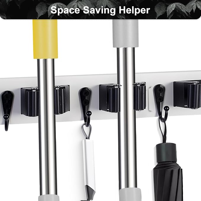 2 Pack Broom Holder Wall Mount With 5 Slots & 4 Hooks，Rustic Wood Broom & Mop Hanger，Wall Mounted Garden & Garage Tool Storage Organizer Rack for Closet Laundry Room or Kitchen Wall Decor White