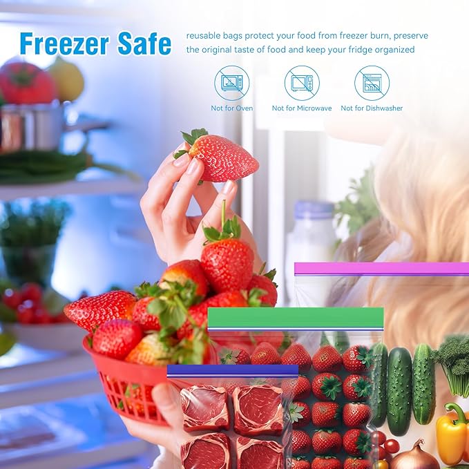 NANSIKE 100-Pack Food Storage Freezer Bags - 3 Sizes, Reusable with Zipper Lock for Fruit and Veggies, Microwave and Freezer Safe, No BPA - Strong Seal, Easy to Fill for Lunch, Snacks, and Meals