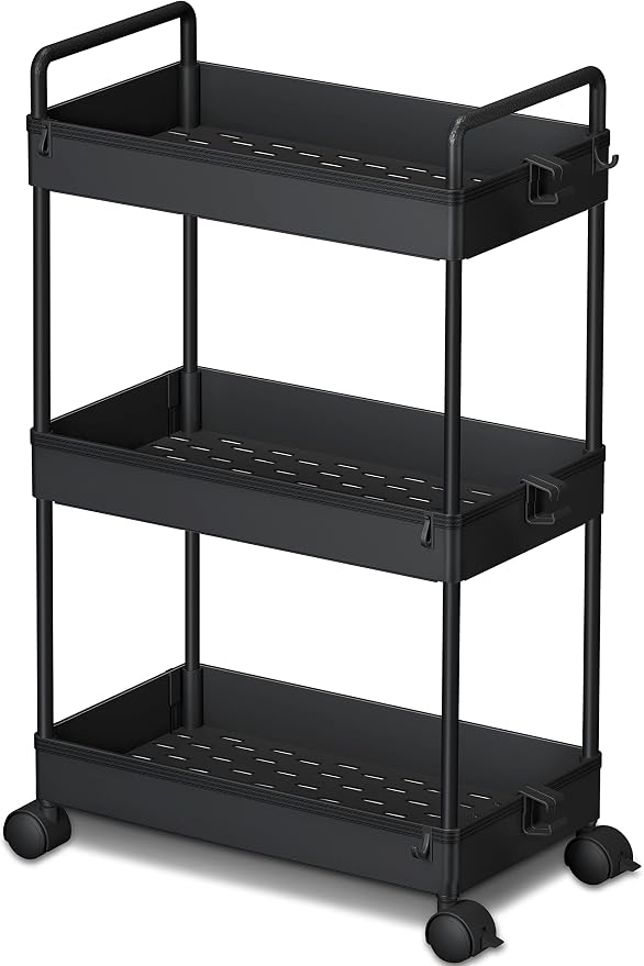 Ronlap 3 Tier Slim Rolling Storage Cart with Wheels Utility Organizer,Black | For bathroom, laundry, kitchen, bedside & dorm. Fits art, craft, snack, makeup, nail, diaper & postpartum baby supplies