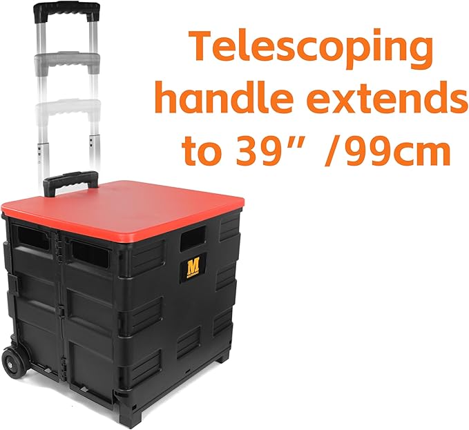 MaxWorks 50919 Portable Rolling Folding Dolly – Black Collapsible Utility Cart with Durable Wheels, Extra Storage & Easy-Fold Design for Shopping, Teaching, and Office Use